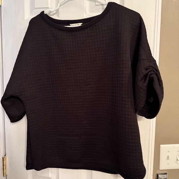 MAX STUDIO Ruched Elbow Sleeve Waffle Knit Top | M - Picture 2 of 6